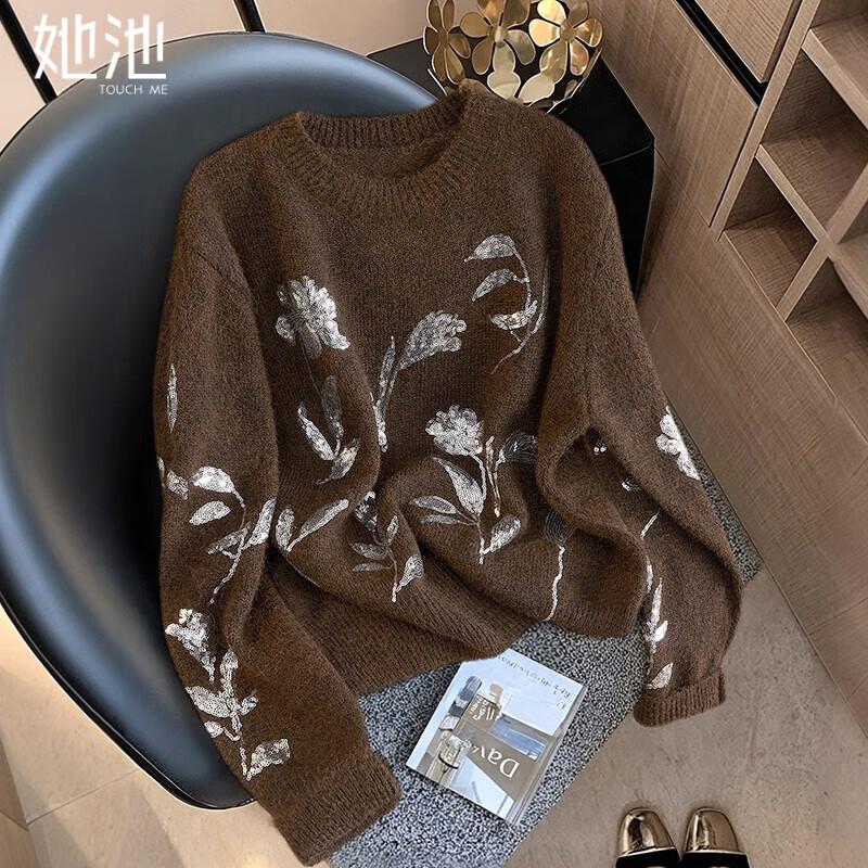 

Women s 2025 Winter Sequin Wool Blend Pullover Sweater One Size