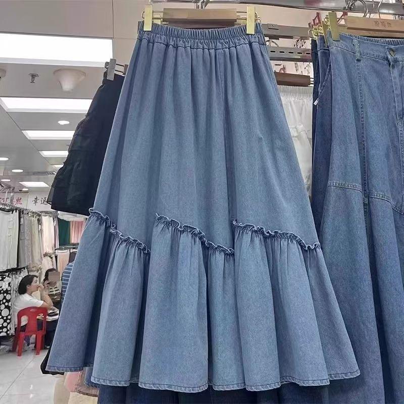 Women's Autumn High-Waist Midi Denim Skirt with Ruffle Patchwork