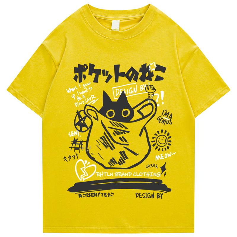 Hip Hop TShirt Unisex Streetwear Japanese Kanji Funny Cat Printed T Shirt 2026 Unisex Harajuku Cotton Casual Short Sleeve Tshirt Tops