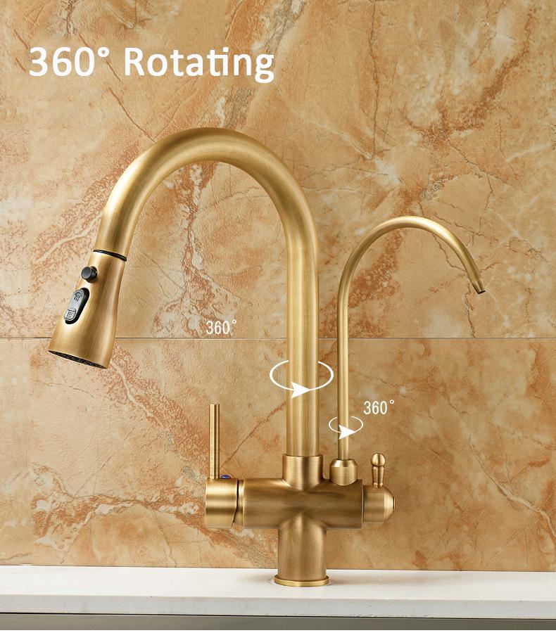 Antique Drinking Filtered Water Kitchen Faucet Purification Tap Dual Handles Faucet Kitchen Sink Tap Hot and Cold water Mixer