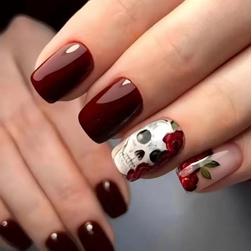 Press on Nails Halloween Square French Tip Fake Nails Mummy and Cobweb Designs Stick on Nail Nude Color Acrylic Nail Halloween Glue on Nails Full