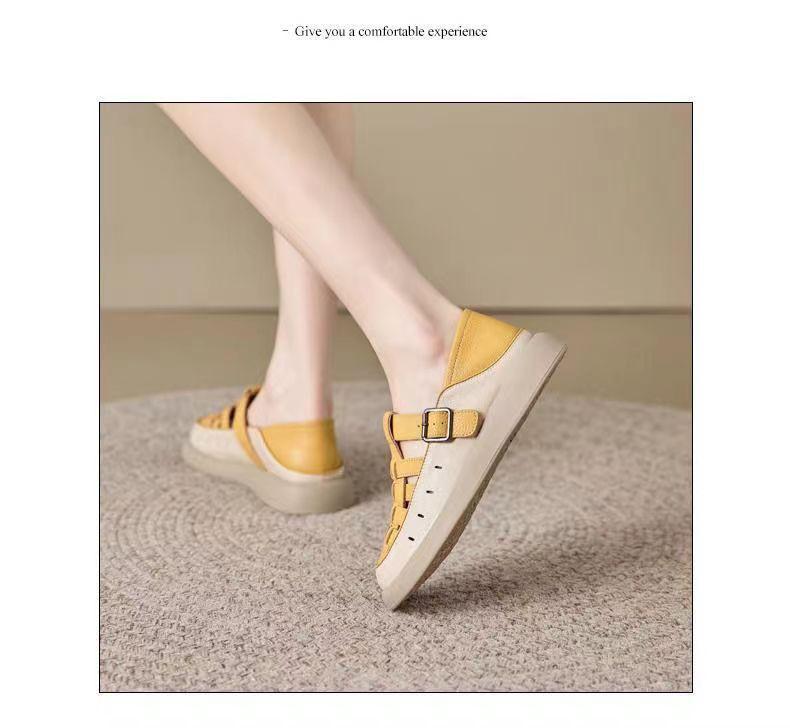 Sandalias Retro de Cuero Suave Transpirable de Punta Cerrada para Mujer Verano 2025