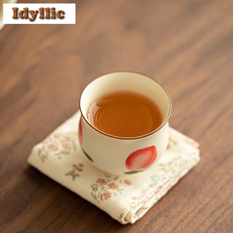 2pc/lot Hand-painted Longevity Peach Teacup Elegant Tea Bowl Tea Cup Set Tea-tasting Smelling Cup Jianzhan Master Cups Gift 65ml