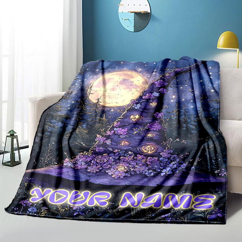 1PC Custom Name Magic Hat Night flannel blanket versatile,all-season throw suitable for the living room,bedroom,camping,travel,and gift