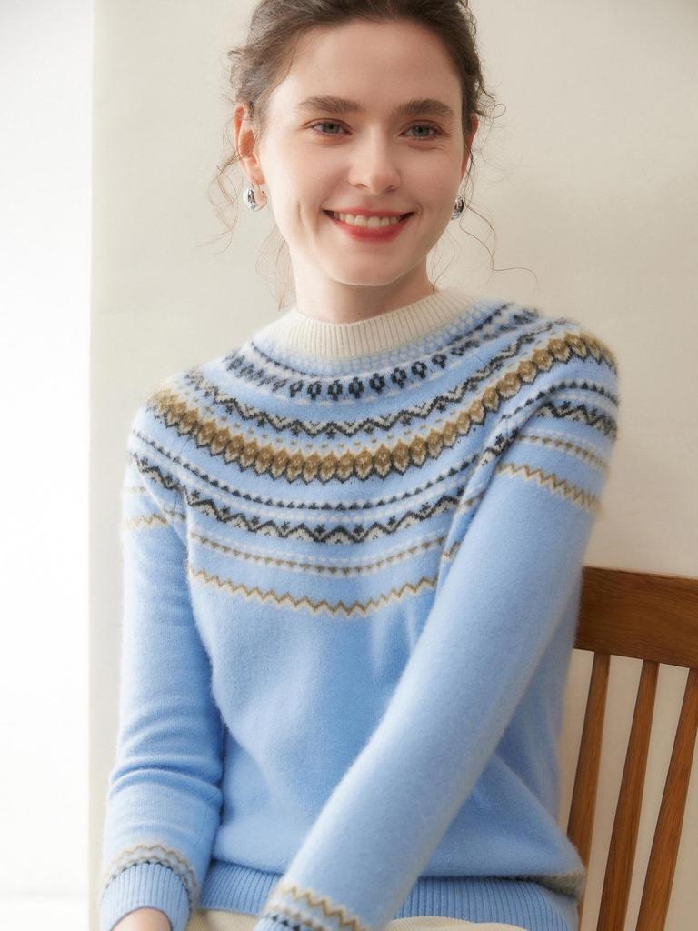 2025 Women's Half-High Collar Cashmere Fair Isle Jacquard Sweater - Versatile Base Layer Knitwear
