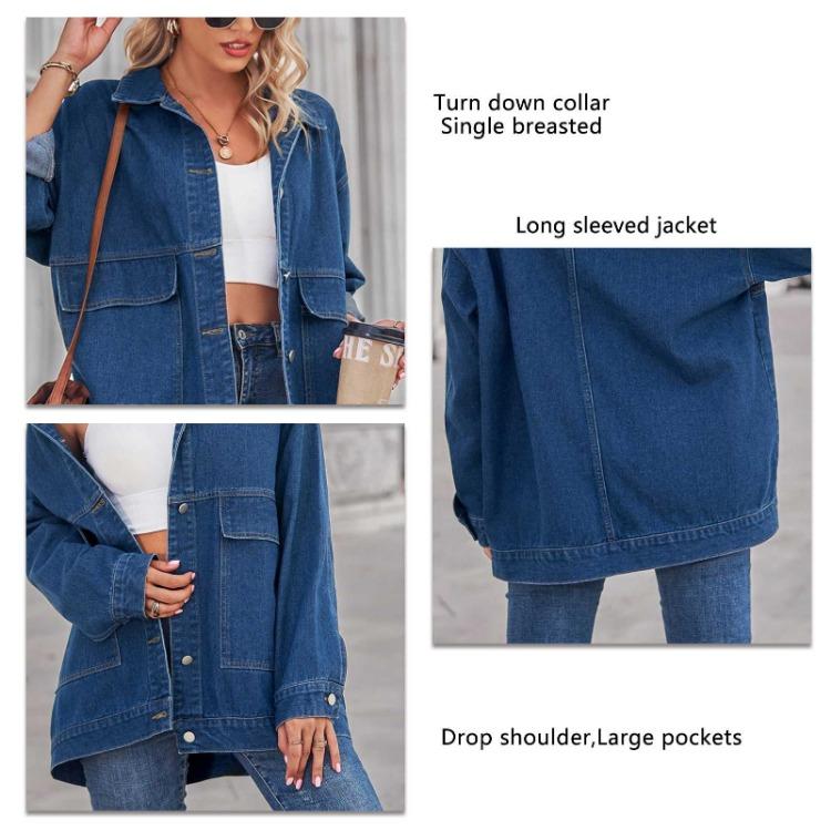 Loose Casual Denim Jacket Long Sleeve Drop Shoulder Coat Turn Down Collar Button Up Outwear