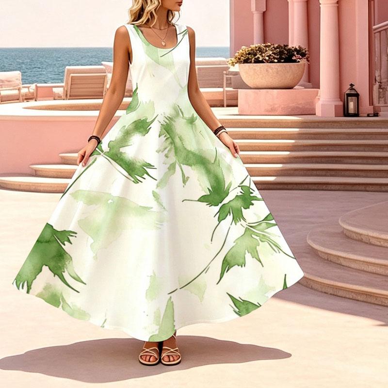 Women's Sleeveless Maxi Dress Summer Casual Green Leaf Flowy Vacation Dress Lightweight Loose Fit Flattering Fashion Versatile
