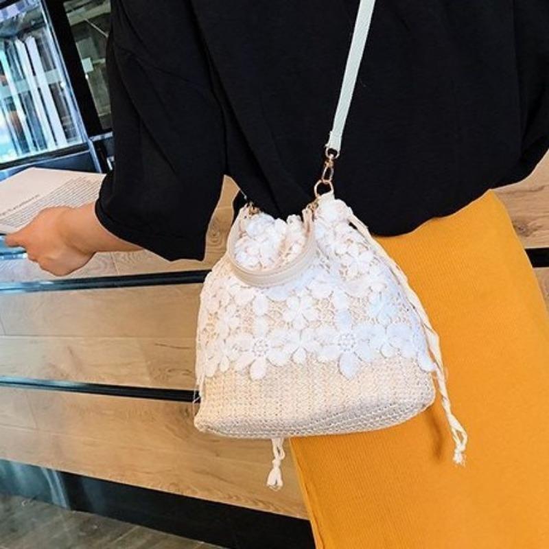 Small Fresh Forest Straw Bag Women's Lace Bucket Bag Fairy Travel Beach Crossbody Bag