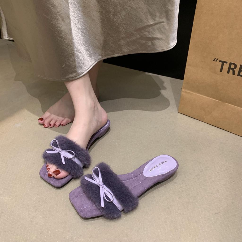 French Bow Square Head Fluffy Slippers Women's Outer Wear 2025 New Autumn Indoor Flat One-word Cotton Slippers