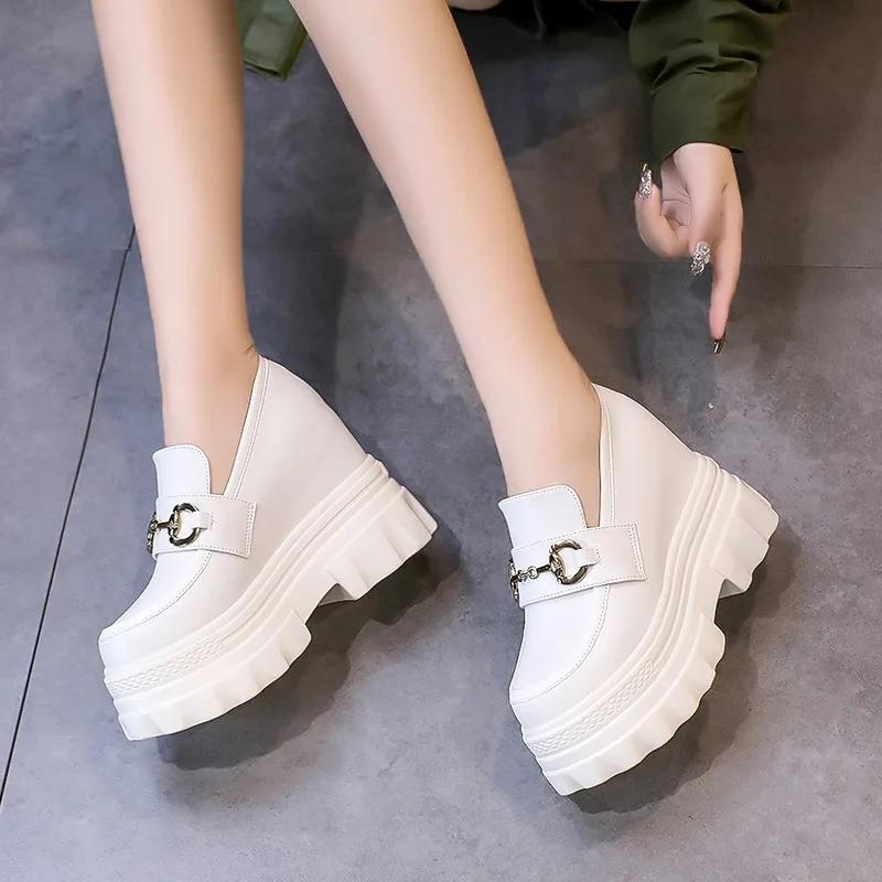 Fashion 11CM Spring Autumn Heels Leather Chunky Shoes Classic Women High Platform Sneakers Black Tennis Female Vulcanized Shoes Woman