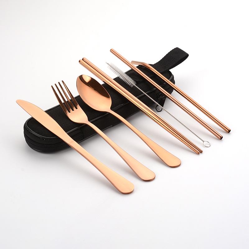 Travel Portable Stainless Steel Cutlery Set: Knife, Fork, Spoon, Straw, Chopsticks with Bag