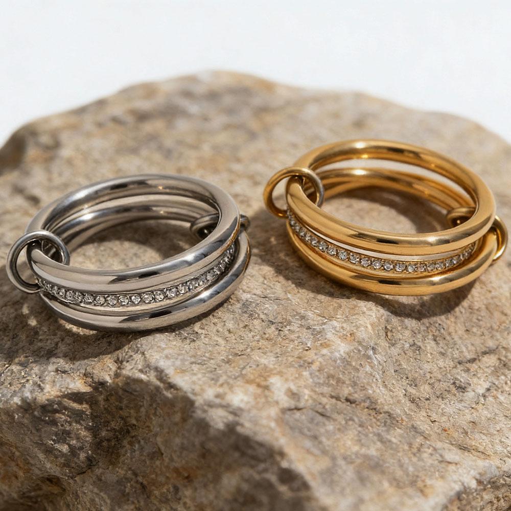 Luxury Cubic Zirconia Gold Plated Multilayer Connecting Rings Set for Women Mixed Color Stackable Finger Ring Jewelry