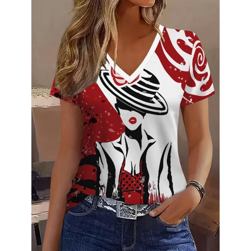 Exquisite Painting, Girl Print, V-neck Short Sleeved T-shirt, Summer Short Sleeved Shirt XL