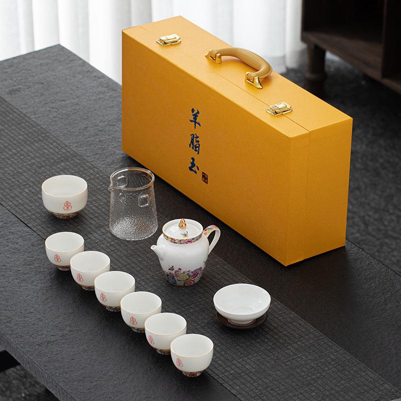 

Yangzhi Jade Flower Cover Bowl Tea Set Enamel Color Kung Fu Tea Set Light Luxury Chinese Tea Cup CustomizableLOGO