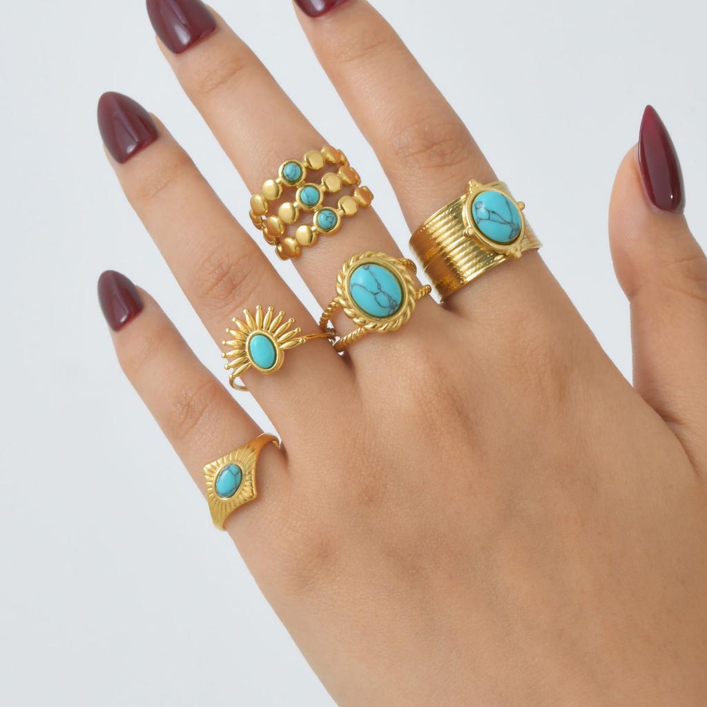 Trendy Geometric Turquoise Opening Ring for Women, Stainless Steel Oval Rings,Fashion Jewelry Mother's Day Gift
