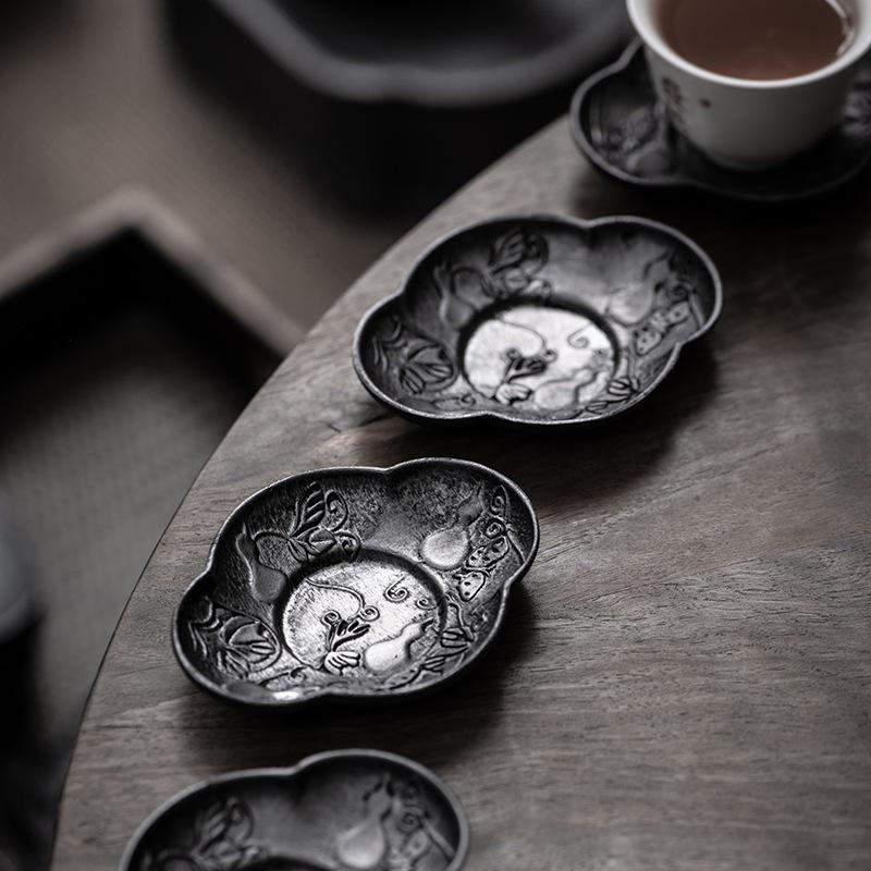 Antique Tin Cup Mat, Hand Hammered Metal Tea Saucer, Non-Slip Japanese Style Tea Tray Pad, Kung Fu Tea Accessories