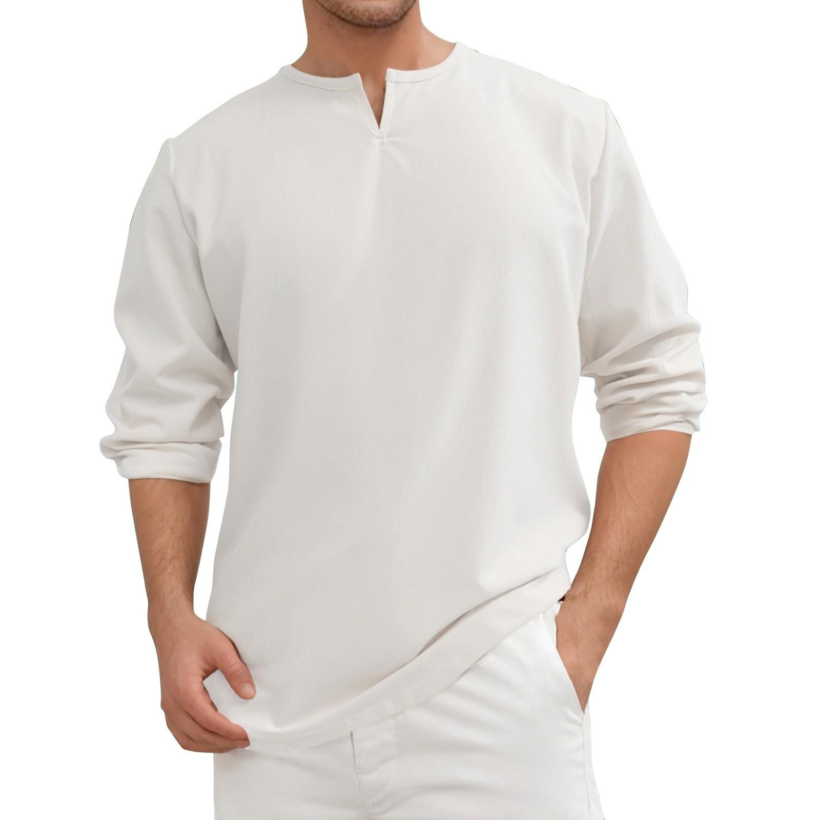 

Мужские летние однотонные хлопковые и льняные свободные топы с длинным рукавом и V-образным вырезом, мужские повседневные модные топы с длинным рукавом XL белый