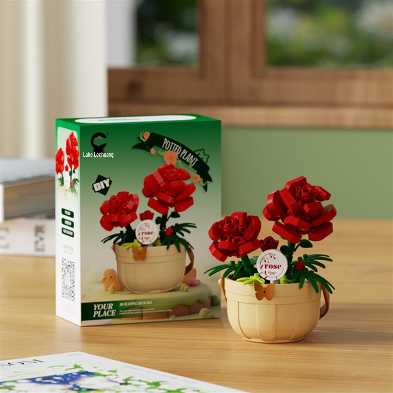 LEGO-kompatibelt Byggesett med Orkidéroseblomst: Floral Whispers Kurvpyntegjenstand, Leke for barn, Gave til jenter og Lærerdagen