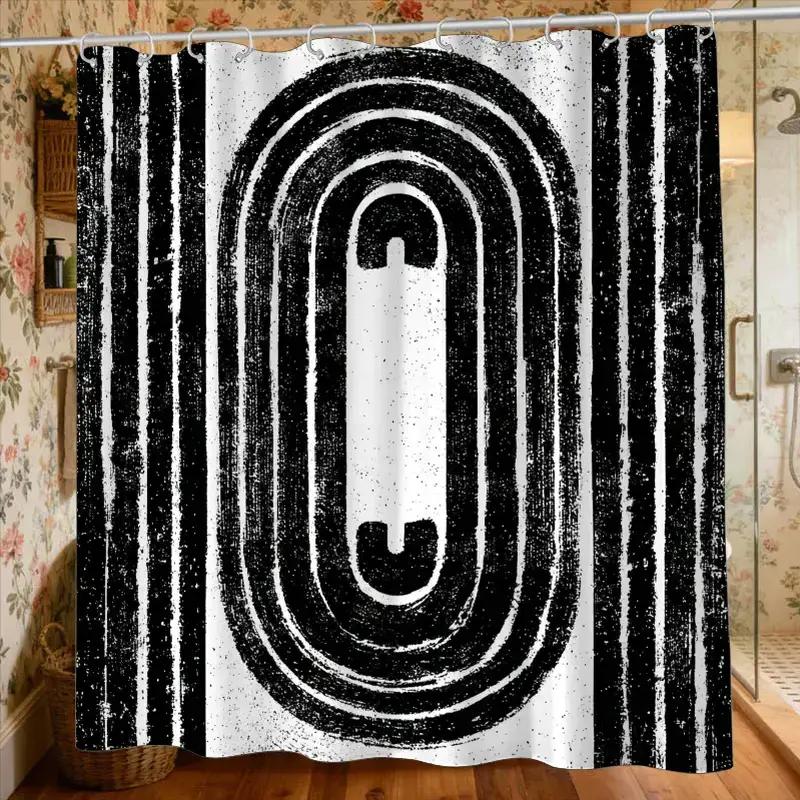 

Abstract Brushstroke Shower Curtain – Black White Concentric Oval & Textured Stripes, 12 Hooks,Waterproof Minimalist Decor W60H190(CM)-1 Pcs