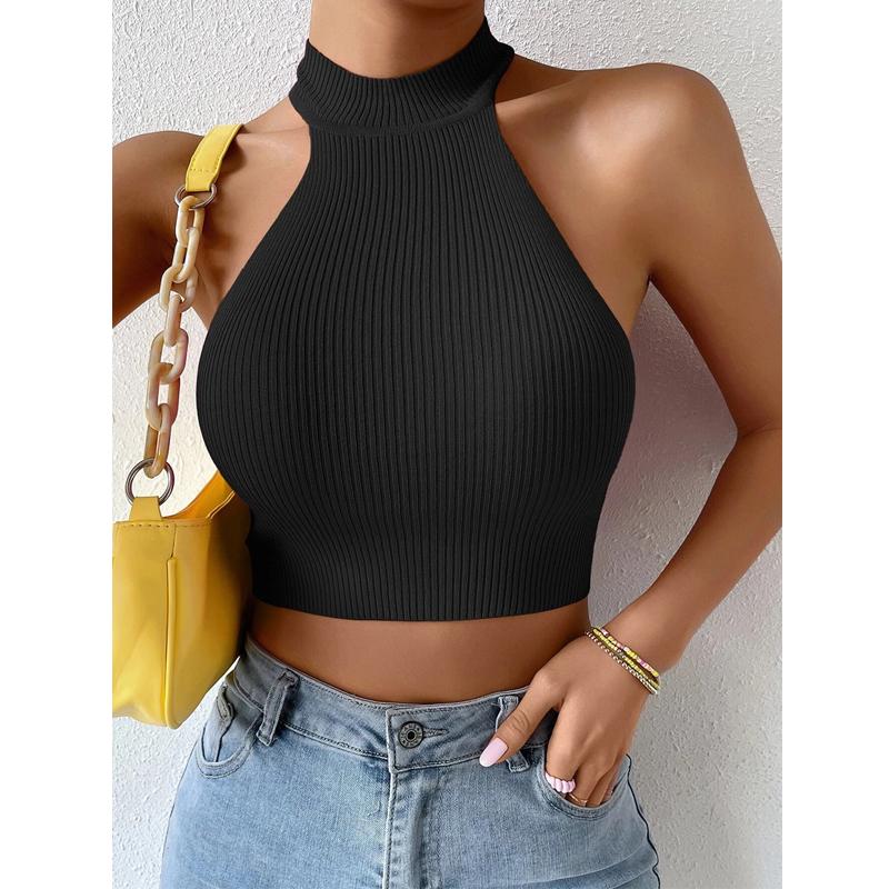 Suéter básico de verano para mujer, camisetas sin mangas, suéter informal de punto acanalado sin mangas para mujer, Top corto elástico con corsé, Top corto con cuello Halter