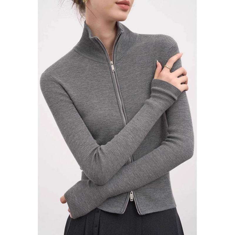 

Gray stand-up collar double zipper knitted cardigan jacket women s autumn and winter new retro slim-fit bottoming sweater top One size светло-серый
