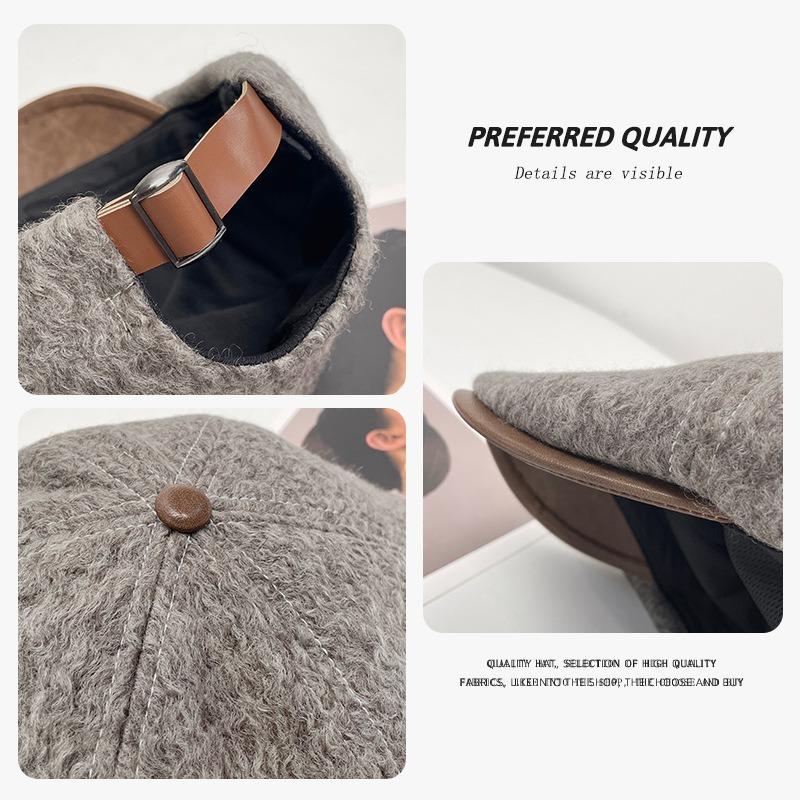 Woolen forward hat women's autumn and winter solid color retro versatile duck tongue newsboy hat warm face small painter hat