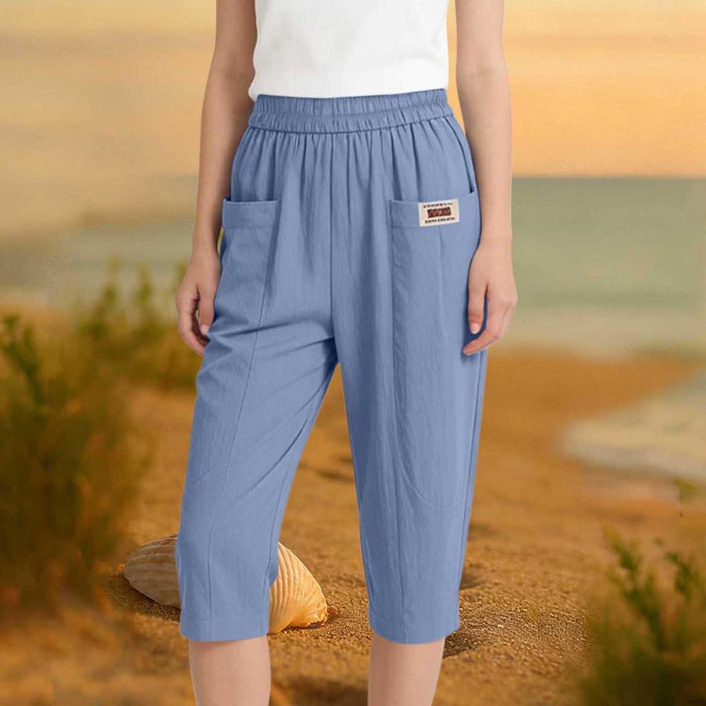 Women's Cotton And Linen Capried Pants Summer Elastomer Waist Haren Pants All- Casual Pants