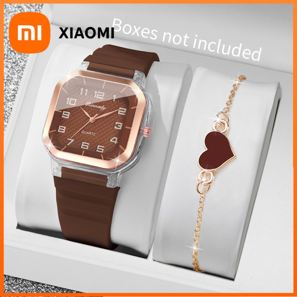 Xiaomi 2PCS Fashion Square Women Watches Heart Bracelet Set Silicone Strap Analog Quartz Watch Reloj Mujer Girls Clock(Without Box)