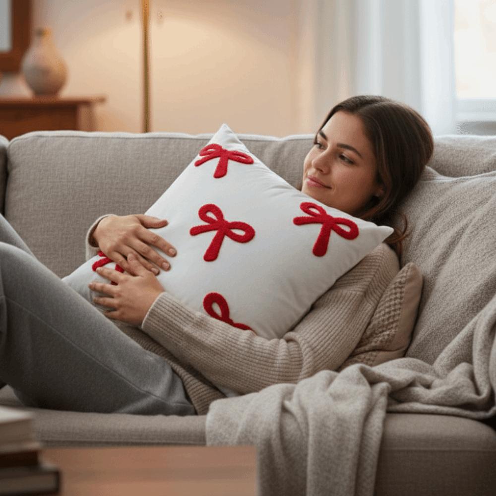 Cute Velvet Sofa Pillow Cover Luxury Soft Cushion Cover Decorative with Bow Embroidery Bow Pillow Case Sofa Decor