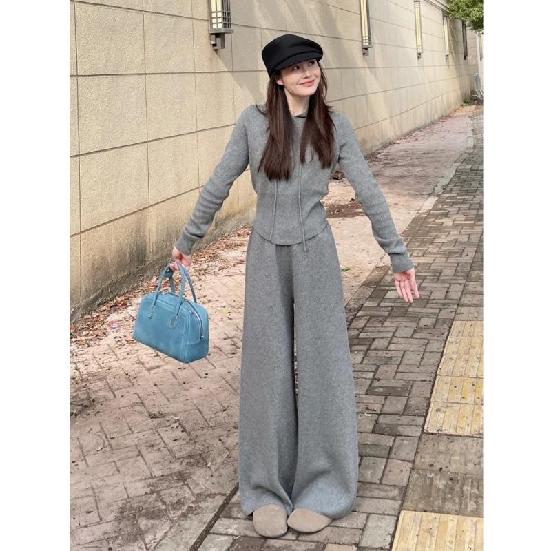 Casual Lazy Style Spring 2026 Slimming Hooded Knit Two-Piece Set Small серый