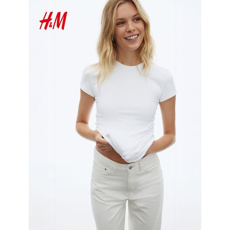 HM Women's T-shirt Fall Slim Fit Elastic Plaid Basic Style round Neck Short Sleeve Maillard Tops 1142908