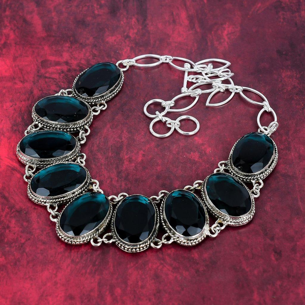 Indicolite Gemstone Necklace, 925 Solid Sterling Silver Adjustable Chain Necklace, Handmade Antique Jewelry, Gift For Mother