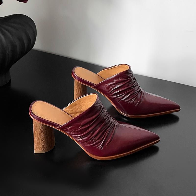 Fashion 2025 New Summer Women Mules Pointed Toe High Heel Shoes Genuine Leather Women Shoes Cover Toe Slingback Sandals Modern Slippers