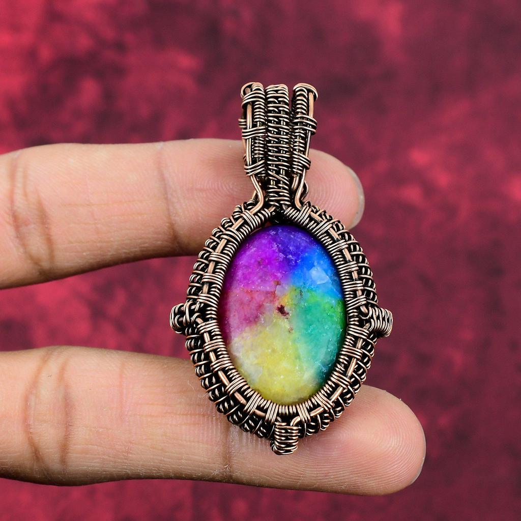 Rainbow Solar Quartz Druzy Pendant Copper Wire Wrapped Pendant Handmade Copper Jewelry Gemstone Pendant Wire Weaving Jewelry Gift For Mother