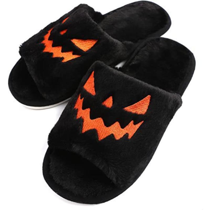 Halloween Large Size Slippers Women's Pumpkin Lantern Slippers Plush Comfortable Open-toed Women's Slippers
