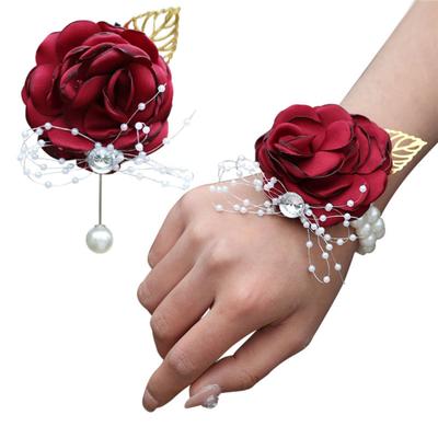 4pcs Wedding Bridal Wrist Corsage Men’s Boutonniere Handmade Satin Rose Bridesmaid Wrist Flower Corsage Flower Bridegroom Boutonniere Set