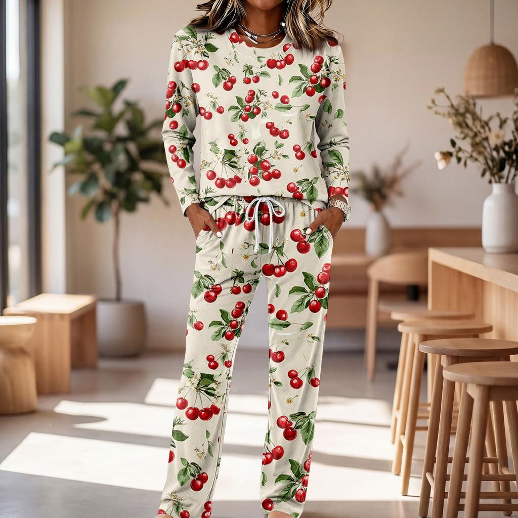 Set Pigiama Casual da Donna con Top a Collo Manica Lunga e Pantaloni a Gamba Larga con Coulisse per Dormire e