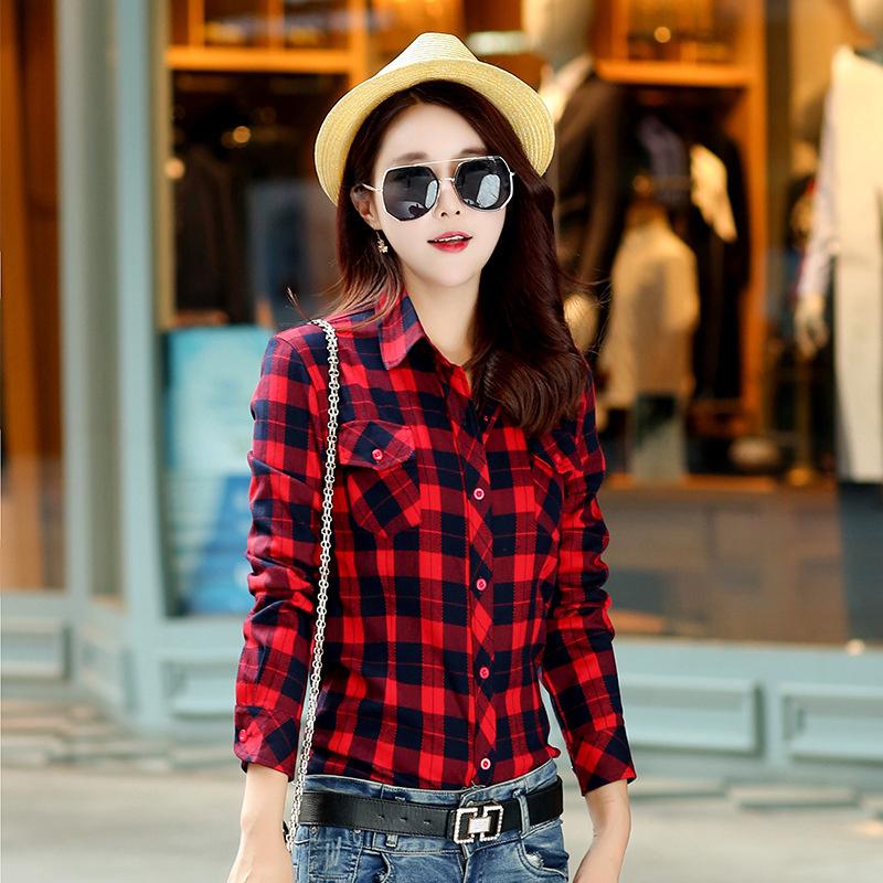 New Cotton Women's Shirts Grid Plus Size M-5XL Blouse Shirt Casual Long Sleeve Checkered Shirt  Turn-down Collar Streetwear