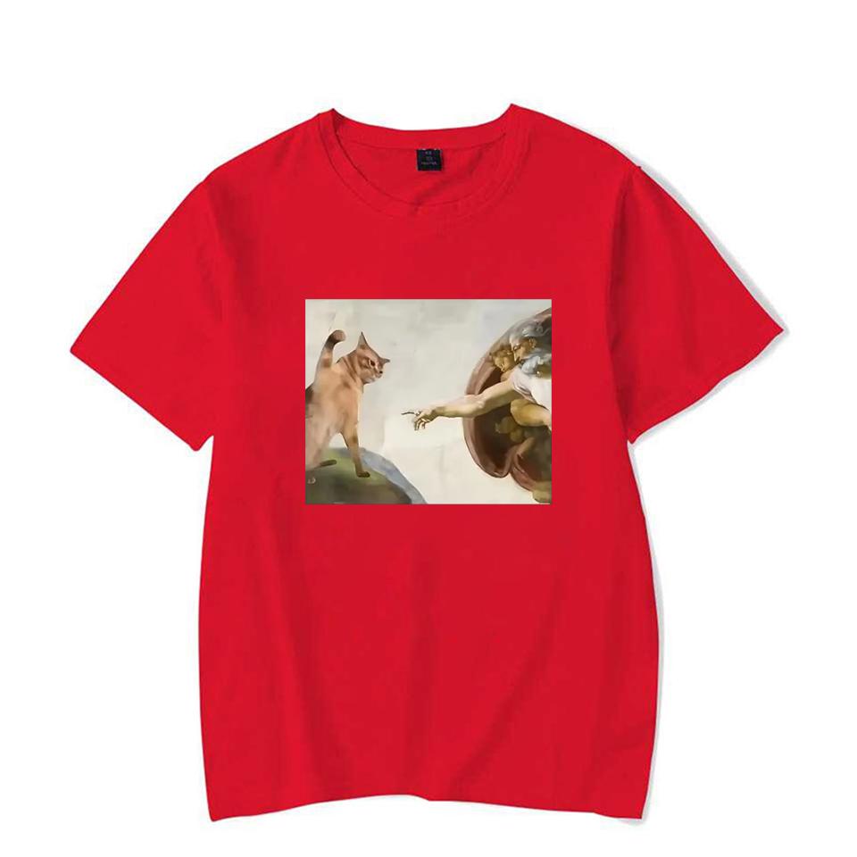 Lustiges Katzen Gott Adam Schöpfung Meme Muster Unisex Damen T-Shirt Lässig Kurzarm Jesus Bild Unisex T-Shirt Rundhals Tee Tops