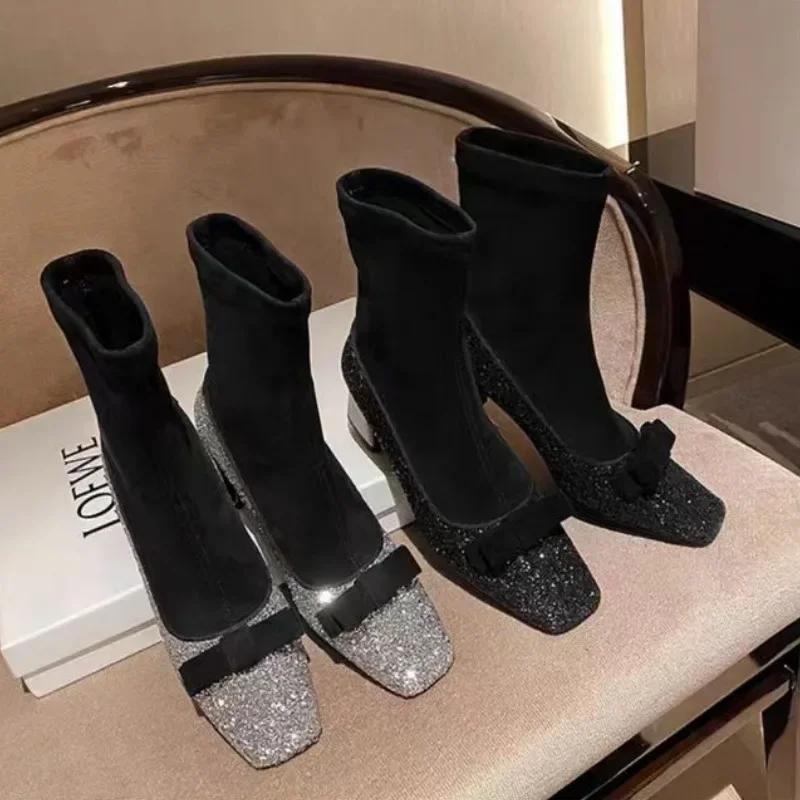 Fashion Shoes Female 2024 Fashion Sleeve Women's Boots Autumn Winter Square Toe Sequins Solid Short Barrel Chunky Heels Stretch Boots