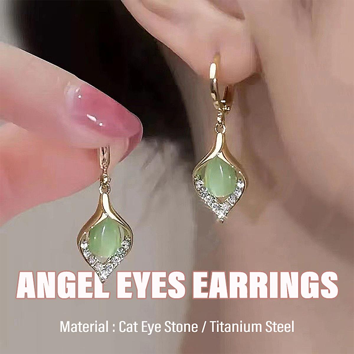 Lucky Star Jewelry Women's Green Angel Eyes Design Titanium Steel Earrings With Cat Eye Stone - Trendy Zircon Gifts For & Girls (Luxury Design)