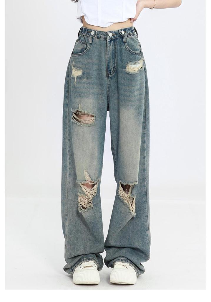 Plus Size Ripped High-Waist Loose Jeans for Women - Summer Slimming Wide Leg Floor-Length