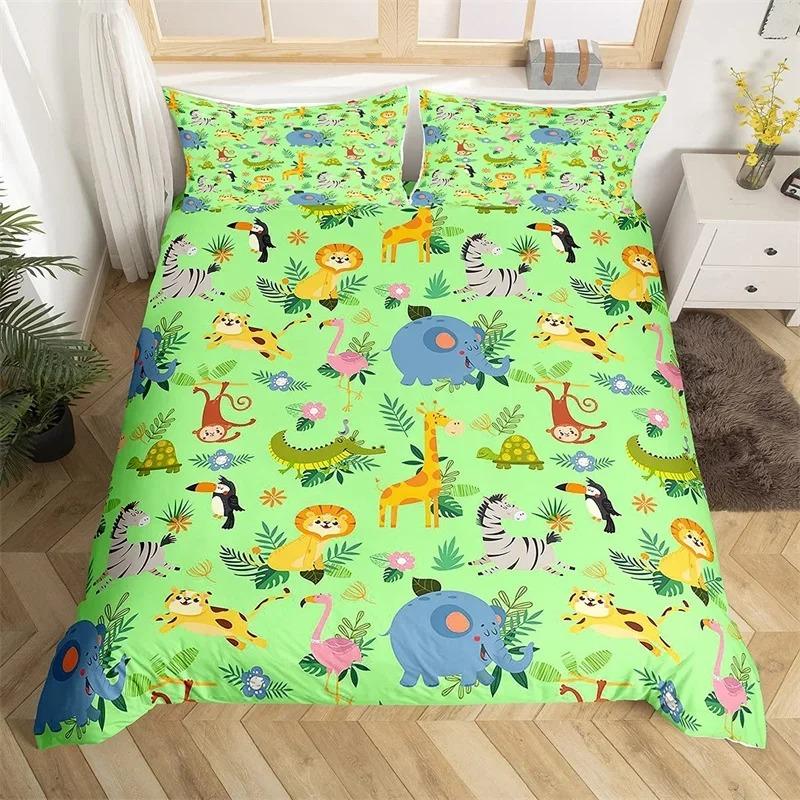 Kawaii Lion Duvet Cover Set Twin King For Kids Boys Girls Cartoon Animal Bedding Set Microfiber Wild Animals Theme Quilt Cover