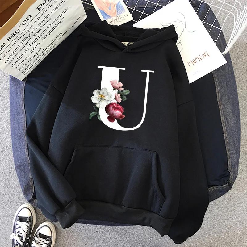 Hot Sales Womens Hoodies Casual Letters A-Z Printing Sweatshirts Sportswear Outdoors Sports Jogging Woman Clothing Black Tops