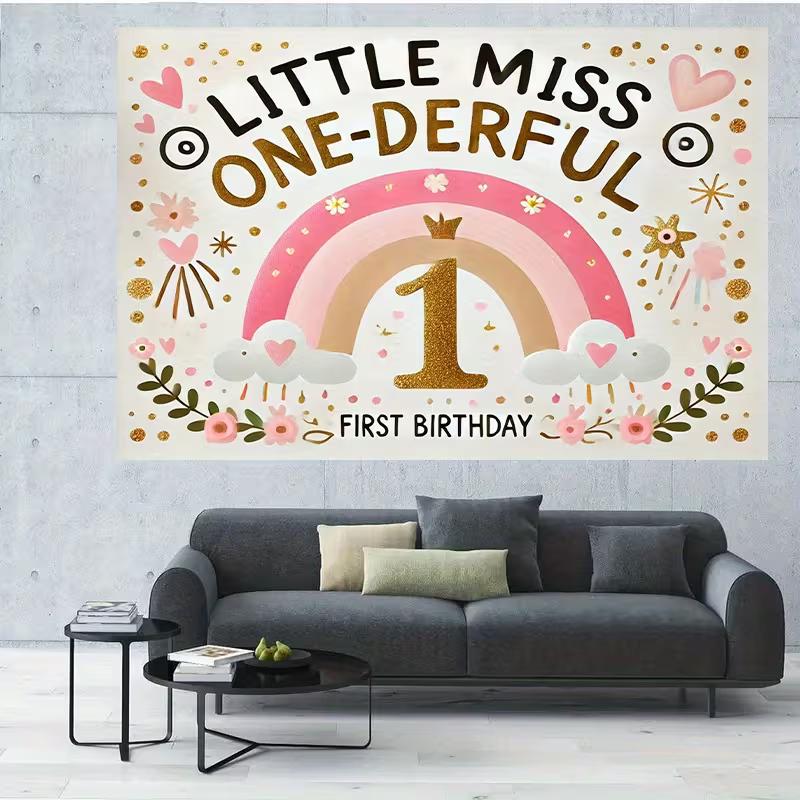 2D One-Derful 1st Birthday Backdrop Rainbow Floral Photography Background