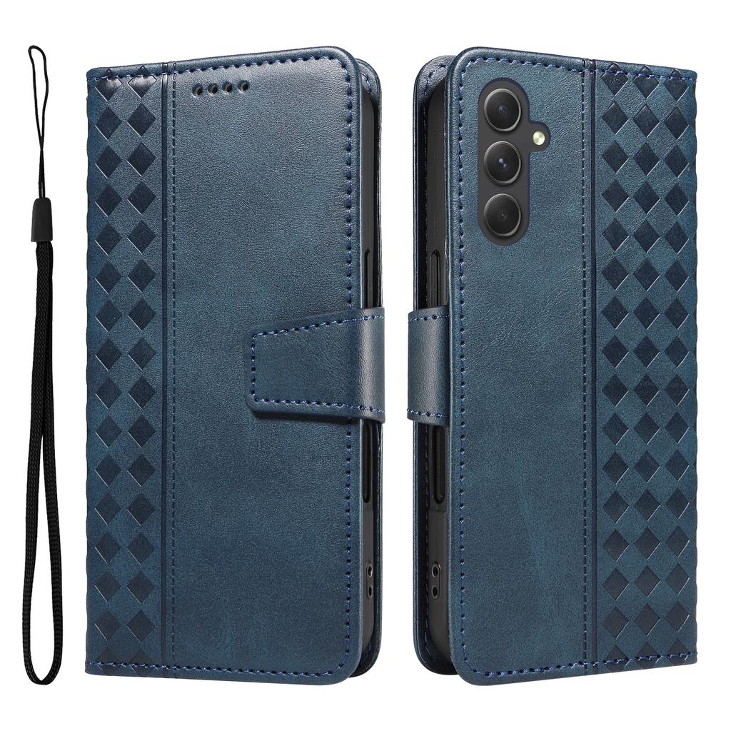 For Samsung Galaxy A54 5G Leather Case Wallet Stand Grids Imprinted Phone Cover with Strap