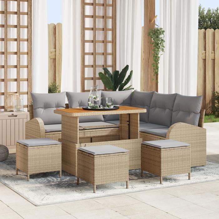 Ensemble de Canapés de Jardin de 9 Pièces avec Coussins Beige Rotin Synthétique Acacia, Canapé de Jardin 2 Places 3362402