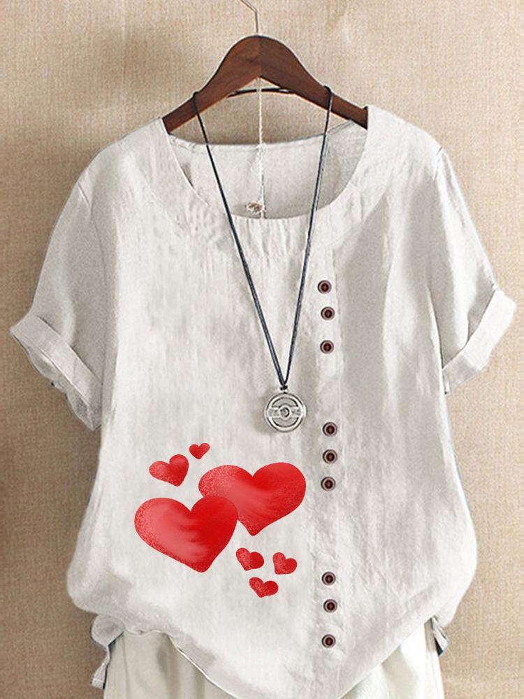 Women's Fashion Red Heart Print Round Neck Short Sleeve T-shirt Summer Casual Cotton Linen Graphic Shirt Leisure Loose Blouse Tops