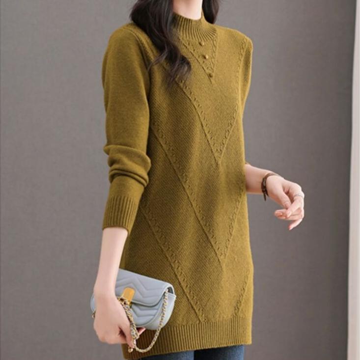 Half Turtleneck Sweater Dress for Women Solid Color Long-sleeved Mid-length Knitted Sweater Autumn and Winter Casual Loose Pullover