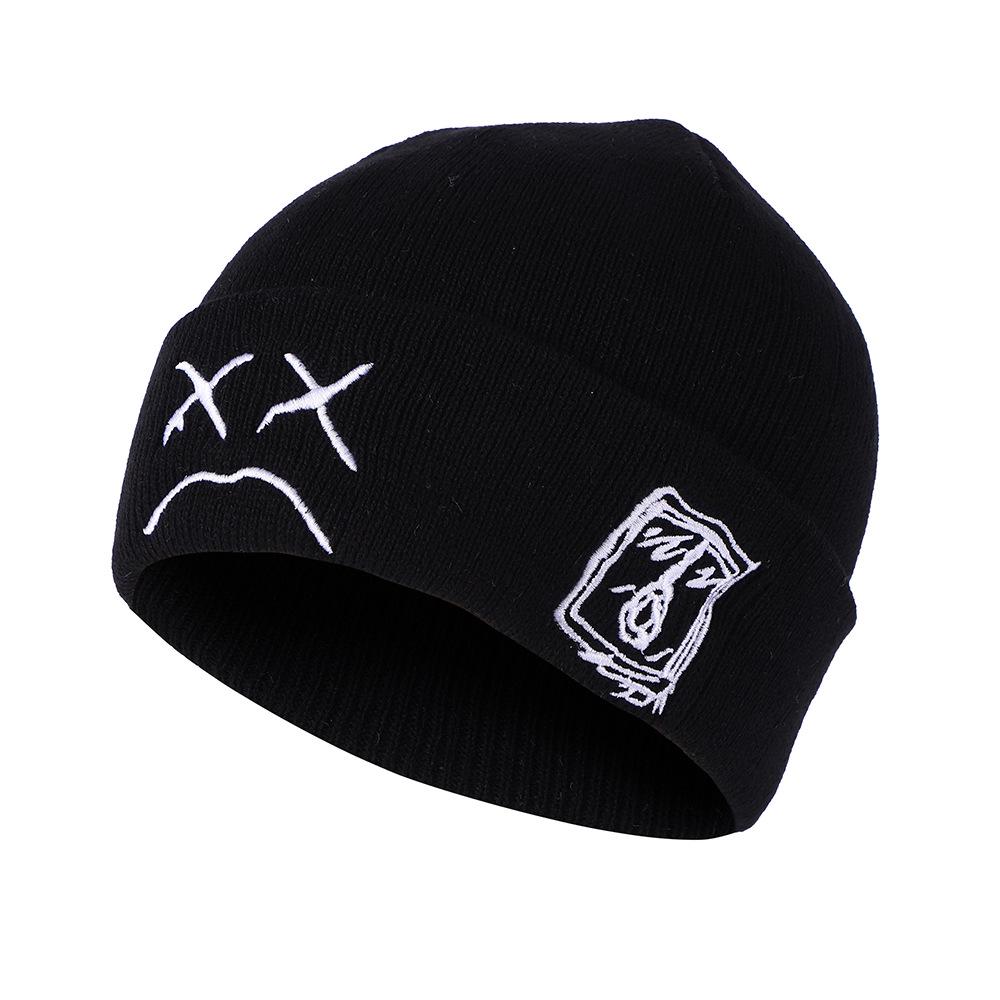 Europa & Amerika Gestrickte Mütze mit Stickerei - Weinendes Gesicht Design, Herbst/Winter Ohrenschutz, Warm, Vielseitige Überzieh-Mütze mit Streetstyle